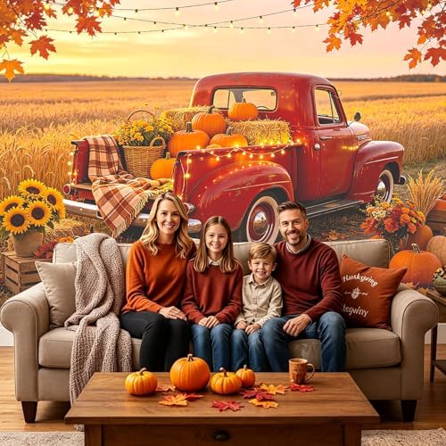 Fall Farm Backdrop, Vintage Red Truck with Pumpkins Photography Background - Image 6