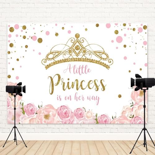 5x3ft Baby Shower Backdrop A Little Princess is on Her Way Photography Background Gold Crown Pink Floral Giltter Dots Girl Princess Party Banner Decorations Newborn Photo Booth Prop - Image 4