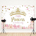 10x8ft Baby Shower Backdrop A Little Princess is on Her Way Photography Background Gold Crown Pink Floral Giltter Dots Girl Princess Party Banner Decorations Newborn Photo Booth Prop - Image 4