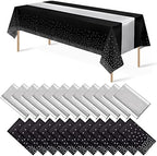 24Pack Disposable Plastic Tablecloths and Satin Table Runner Set Black and Silver Dot Tablecloth Silver Satin Table Runner for Wedding Birthday Baby Shower Anniversary Christmas New Year Party Supply by MASHAN