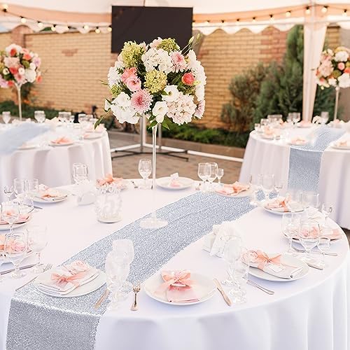 Newwiee 12 Pack Round Plastic Tablecloth Sequin Runner Set, Silver, White - Image 6