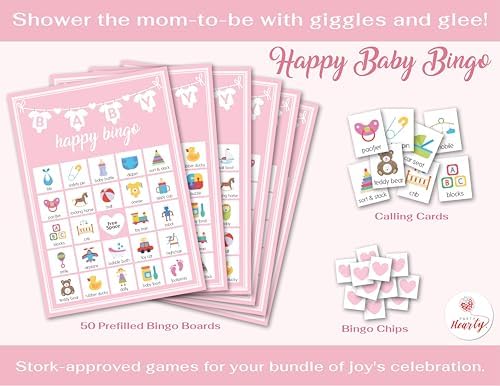 Party Hearty Baby Shower 5 Game Pack, Premium Thick Cardstock - Pink - Image 3