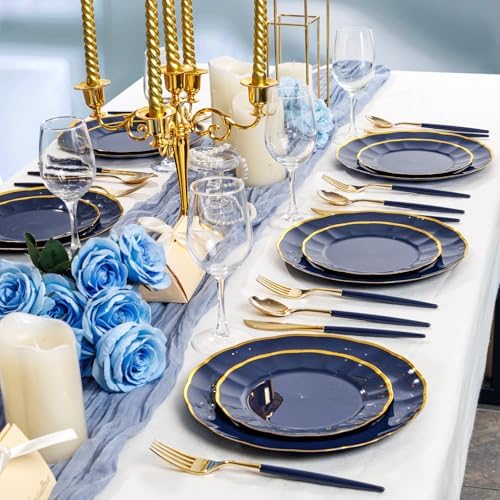 Supernal 102Pcs Gold Plastic Cutlery with Dark Blue Handle for Party - Image 5