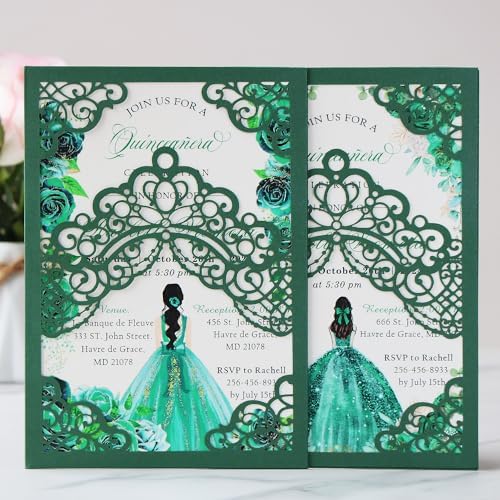 Hosmsua 50PCS Personalized Emerald Green Quinceanera Invitations Kit, 5.1x7.3 Inch Laser Cut Floral Crown Pocket Quinceanera Invitation Cards with Envelopes for Birthday Quince Anos Invite - Image 3