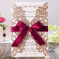 Hosmsua 50PCS Personalized Laser Cut Invitation Cards with Burgundy Bowknot and Envelopes 5.12 x 7.3'' Lace Flora Wedding Invitations for Bridal Shower (Rose Gold, Customized Printed) by Hosmsua