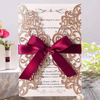 Hosmsua 50PCS Personalized Laser Cut Invitation Cards with Burgundy Bowknot and Envelopes 5.12 x 7.3'' Lace Flora Wedding Invitations for Bridal Shower (Rose Gold, Customized Printed) by Hosmsua