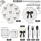 Ziliny 350 Pcs Bow Black Party Supplies Tableware Set Disposable 9'' 7'' Paper Plates 9 oz Cups Cutlery Napkins Dinnerware Set for 1st Birthday, Serve 50 (Bow, Black) - Image 2