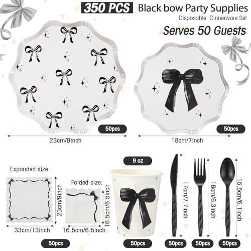 Ziliny 350 Pcs Bow Black Party Supplies Tableware Set Disposable 9'' 7'' Paper Plates 9 oz Cups Cutlery Napkins Dinnerware Set for 1st Birthday, Serve 50 (Bow, Black) - Image 2