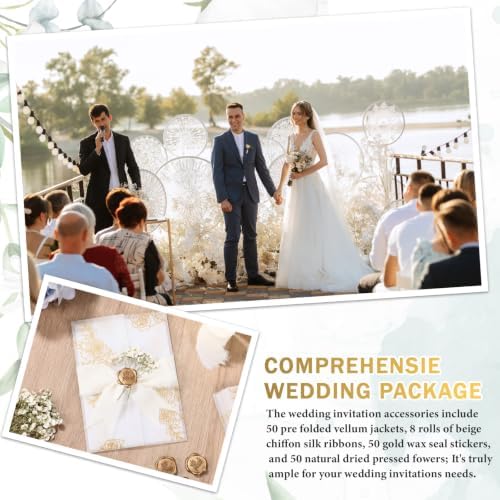 Fullhawl 100 Sets Wedding Invitations Wraps Set Pre Folded Vellum Jackets for 5 x 7 Invitations Dried Flowers Wax Seal Stickers Chiffon Silk Ribbon for Wedding Birthday Bridal Shower (White) - Image 5