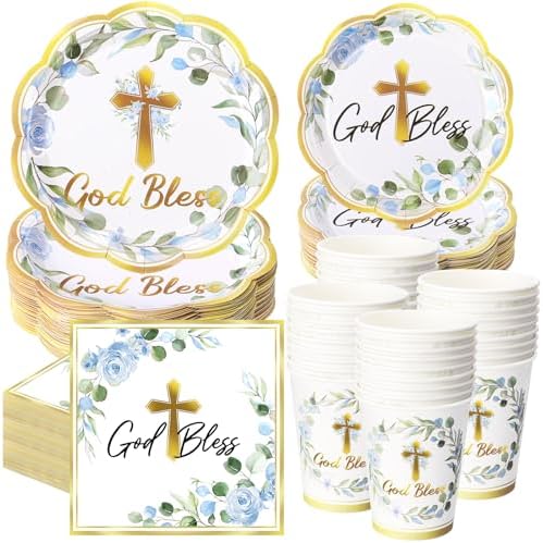 Ziliny 250 Pcs God Bless Baptism Party Tableware Set for 50 Guest First Holy Communion Decorations Blue Eucalyptus Leaves Paper Plates Napkins and Cups for Christening Baby Shower Religious by Ziliny