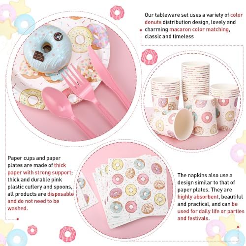 Ziliny 350 Pcs Donut Grow up Party Supplies Tableware Set Disposable 9'' 7'' Paper Plates 9 oz Cups Cutlery Napkins Dinnerware Set for 1st Birthday, Serve 50 (Donut Grow Up, Macron Color) - Image 4