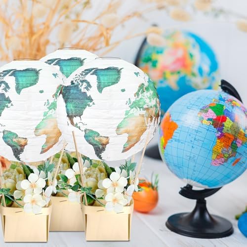 Baquler 12 Sets Baby Shower Hot Air Balloon Table Centerpieces DIY Paper Lanterns Around the World Decorations Globe World Map Paper Lantern for Wedding Birthday Earth Classroom Travel Themed Party - Image 4