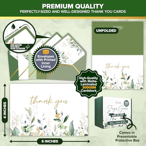 Decorably 100 Pack 6x4in Gold-Foiled Sage Green Thank You Cards - Image 3