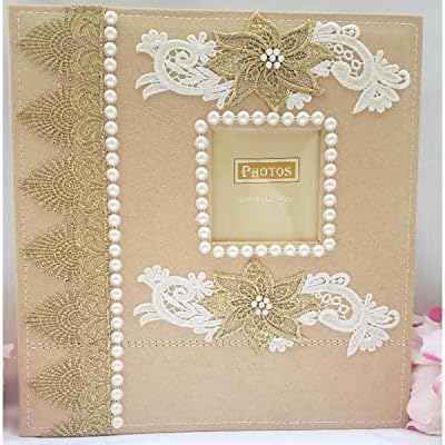 higher volume capacity XL magnetic page wedding album. 80 pages, 4x6, 5x7, 8x10, 8x12 photos, gift box. Fabric pearls gold lace flowers wedding album, personalizable by Towdah+Perez