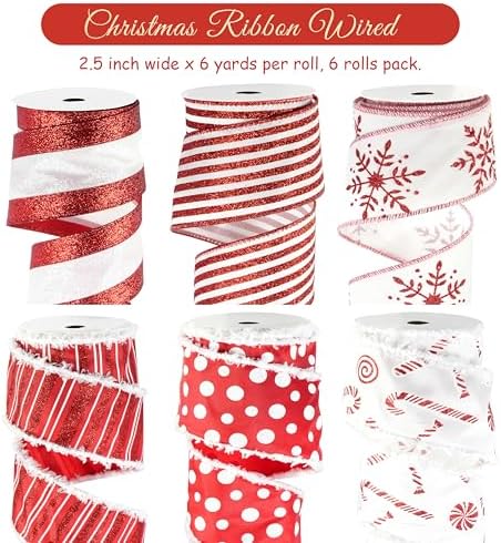MAYREEL 2.5 Inch Red and White Christmas Ribbon Wired Candy Cane for Christmas Trees Wreaths Tree Toppers Crafts Home Decor Gift Wrapping 6 Rolls Total 36 Yards - Image 2