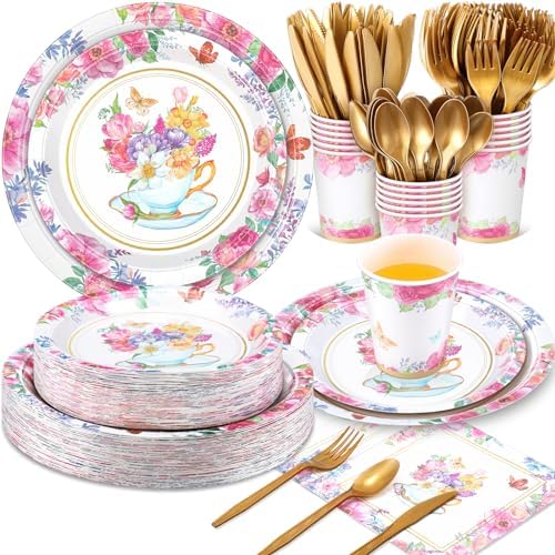 Ziliny 350 Pcs Tea Party Supplies Serves 50 Disposable Paper Plates Napkins Cups Plastic Cutlery Dinnerware Set for Wedding Birthday Baby Shower Tea Party Decoration by Ziliny