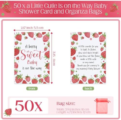 MTLEE 50 Sets Strawberry Candles Baby Shower Favors with Bags and Cards - Image 3