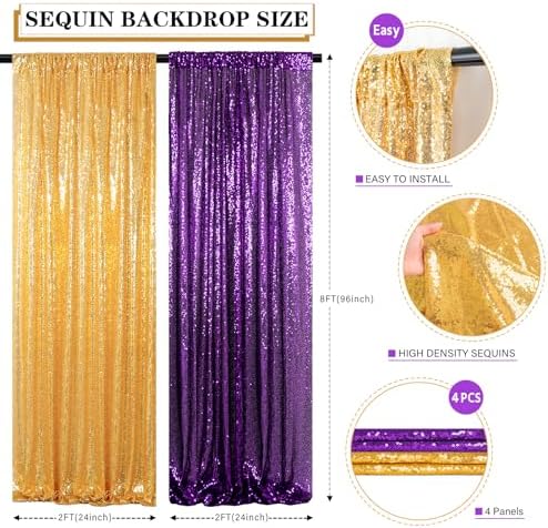 ShinyBeauty Sequin Backdrop Curtains 4 Panels 8ft Gold Purple - Image 6