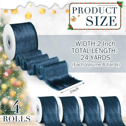 Preboun 4 Rolls Christmas Velvet Ribbon 24 Yards,Teal,2 Inch - Image 3