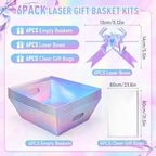 AFOROEOA 6PACK Laser Baskets for Gifts Empty, 12x10x4” Holographic Iridescent Gift Basket Kit with 6 Bows & 6 Bags - Kraft Empty Gift Baskets for Christmas, Weddings, Birthdays, Holiday Gifting Hampers - Image 2