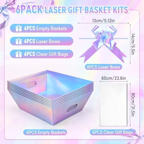 AFOROEOA 6PACK Laser Baskets for Gifts Empty, 12x10x4” Holographic Iridescent Gift Basket Kit with 6 Bows & 6 Bags - Kraft Empty Gift Baskets for Christmas, Weddings, Birthdays, Holiday Gifting Hampers - Image 2