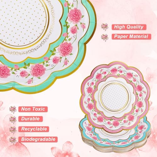 FillTouch 100 Sets Floral Paper Tea Cups and Saucers Disposable Paper Tea Party Supplies 9 oz Cups with Handle and Saucer for Birthday Wedding Party Decorations (Classic Style) - Image 5