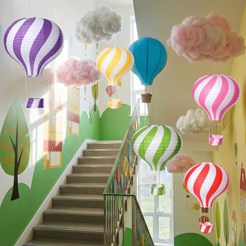 VioraWhite 24 Pcs Hot Air Balloon with Hanging Clouds Classroom Ceiling Decor Hot Air Balloon Clouds for Room Ceiling Hanging Decorations for Classroom Birthday Baby Shower Preschool Kindergarten - Image 6