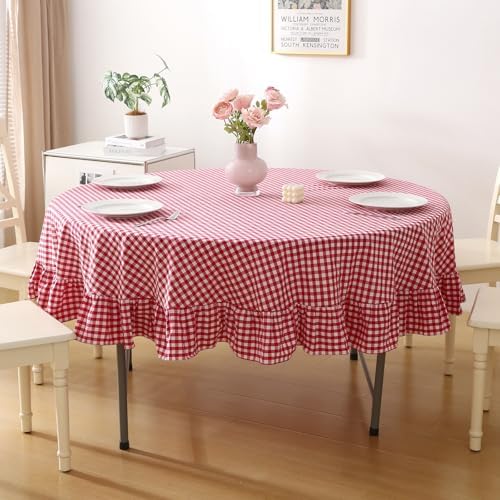 Table Cloth, Red White Gingham, Round Dia.60” by KMASANIJI