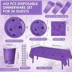 Funnymoom 452 Pcs Halloween Spiderweb Supplies Tableware for 50 Guests, Purple Spider Web Paper Plates Napkins Cups Tablecloth Cutlery Straws for Spiderweb Halloween Birthday Party Decoration - Image 2