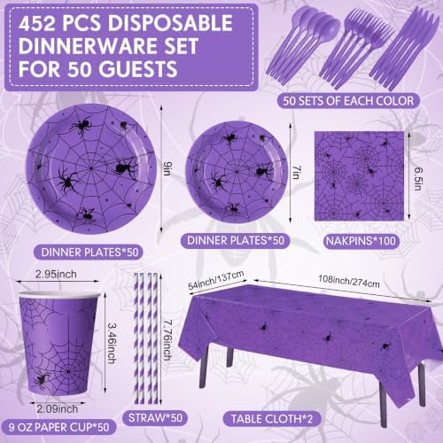 Funnymoom 452 Pcs Halloween Spiderweb Supplies Tableware for 50 Guests, Purple Spider Web Paper Plates Napkins Cups Tablecloth Cutlery Straws for Spiderweb Halloween Birthday Party Decoration - Image 2