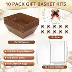 10PACK Brown Baskets For Gifts Empty, 10 x 8” Thick Gift Basket with 10 Clear Bags and Pull Bows, Cardboard Gifts Baskets Trays with Handles for Christmas, Thanksgiving, Wedding, Birthday - Brown - Image 3