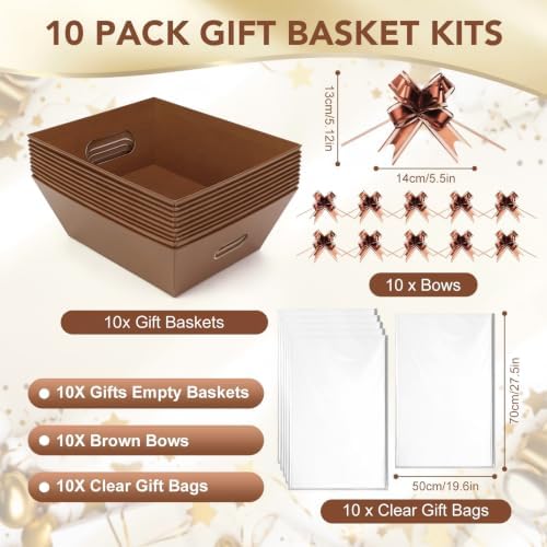 10PACK Brown Baskets For Gifts Empty, 10 x 8” Thick Gift Basket with 10 Clear Bags and Pull Bows, Cardboard Gifts Baskets Trays with Handles for Christmas, Thanksgiving, Wedding, Birthday - Brown - Image 3