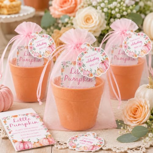 JarThenaAMCS 50 Sets Pink Little Pumpkin Baby Shower Party Favors Fall Planting Gift Set with Mini Pots Seed Packets Organza Bags Thank You Tags for Guests Autumn Thanksgiving Gender Reveal - Image 4