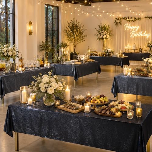 4 Pack Sequin Black Tablecloth 60x102inch Waterproof Glitter Table Cloth for Rectangle Tables, Shimmer Table Cover for Birthday Wedding Party Holiday Baby Shower Christmas Decoration by Htper