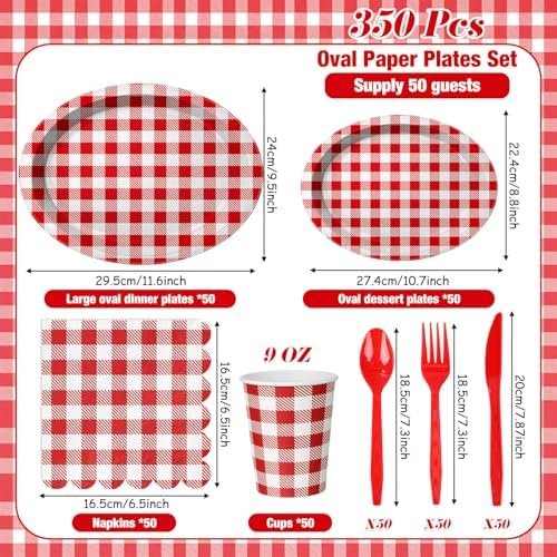 Pajean 175 Pcs Gingham Paper Plates and Napkins, Red White - Image 2