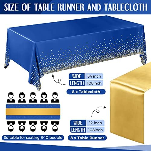 Tudomro 16 Pack Dark Blue and Gold Plastic Tablecloths Satin Runner Set - Image 2