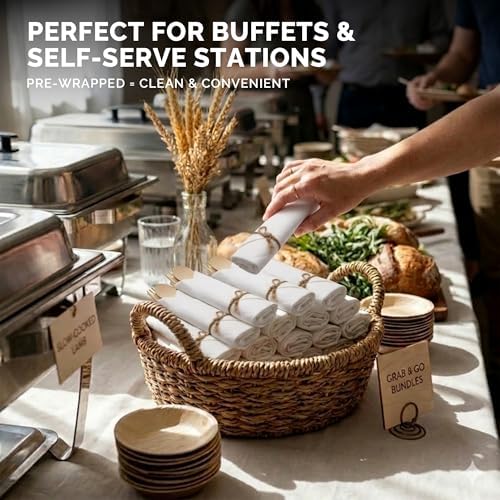 Prerolled Disposable Bamboo Cutlery Set – 50 Pack Pre Wrapped Silverware and Napkin Bundle with Forks, Knives, Spoons for Parties, Weddings, Events, and BBQ (Natural - Beige String) - Image 6