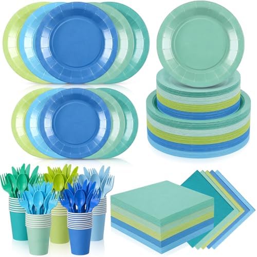 Mimorou 350 Pcs Green and Teal Plates Cups Napkins Utensils Blue by Mimorou