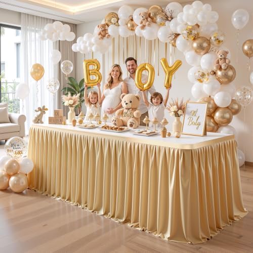 PARTISKY Champagne Polyester Table Skirt for Rectangle Tables 17ft, Wrinkle Resistant Pleated Ruffle Table Cloth for Banquet Wedding Display Dining Table - Image 2