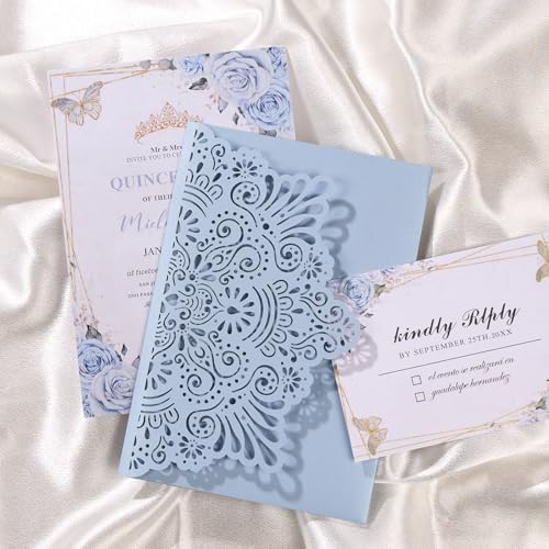 50PCS Tri-Fold Haze Blue Wedding Invitations with Envelopes and RSVP Cards - Image 7