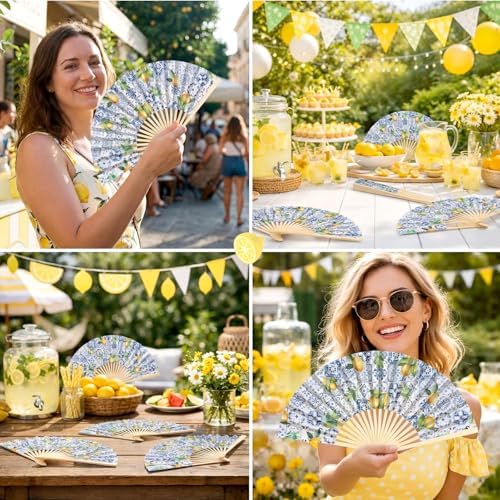 JellyArch 36 Sets Lemon Handheld Folding Fans with White Organza Bags and Yellow Bows Tile Capri Lemon Hand Fan Bulk for Wedding Guests Gift Bridal Party Decorations Church Baby Shower Supplies - Image 5