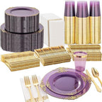 Nervure 350Pcs Purple Plastic Plates, Plastic Dinnerware Set for 50 Guests by Nervure