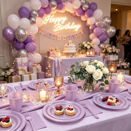 100 Guests Lavender Plastic Plates and Napkins Party Supplies for Birthday - Image 5