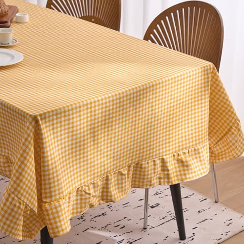 vctops Farmhouse Yellow Gingham Ruffle Table Cloth, Boho Cotton Linen Tablecloth, Washable Table Cover for Rectangle Table Baby Shower Kitchen Party Wedding Decor (Yellow,55"x118") - Image 5