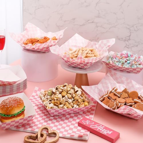 Geosar 200 Pcs Gingham Paper Food Tray with Wax Paper,Pink White - Image 4