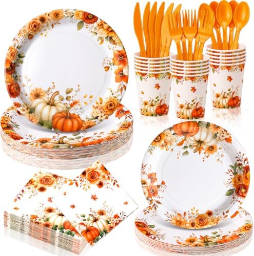 Honeydak 210 Pcs Fall Pumpkin Paper Plates Napkins for 30 Guests by Honeydak