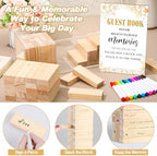 80 Wedding Guest Book Alternative tumbling tower Wooden Block, Leaves - Image 4