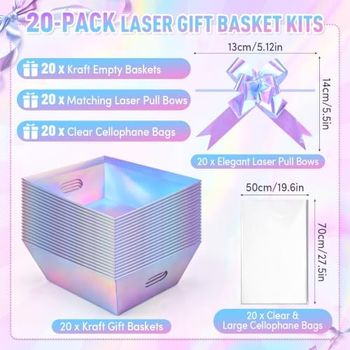 AFOROEOA 20 Pack Iridescent Gift Baskets Empty, 10x8 Thick Paper Basket with 20 Clear Bags and 20 Pull Bows, Holographic Gift Baskets for Bridal Birthday Party Bulk Wrapping - Image 2