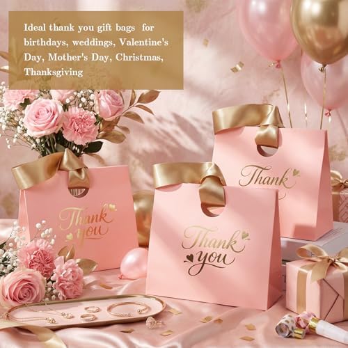 Feifeiya 30 Pcs Thank You Gift Bags with Ribbon Handles 7.87 x 3.54 x 7.09 Inch Paper Candy Gift Bags with Gold Foil Printed for Appreciation Birthday Wedding Bridal Baby Shower Party Favors(Pink) - Image 4