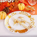 Ciaell 125PCS Thanksgiving Plastic Plates - Fall Pumpkin Disposable Plates White and Gold Heavy Duty Dinnerware Set include 25Dinner Plate, 25Desset Plate, 25Knives, 25Forks, 25Spoons for Thanksgiving - Image 4